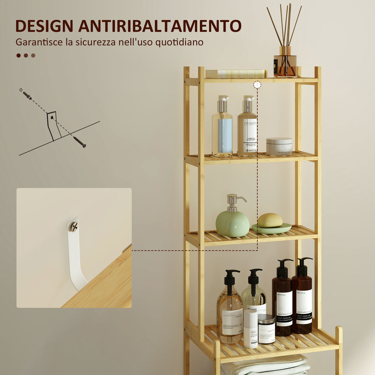 easycomfort easycomfort mobile scaffale bagno a 7 ripiani portaoggetti in bambu 44x33x180 cm color legno