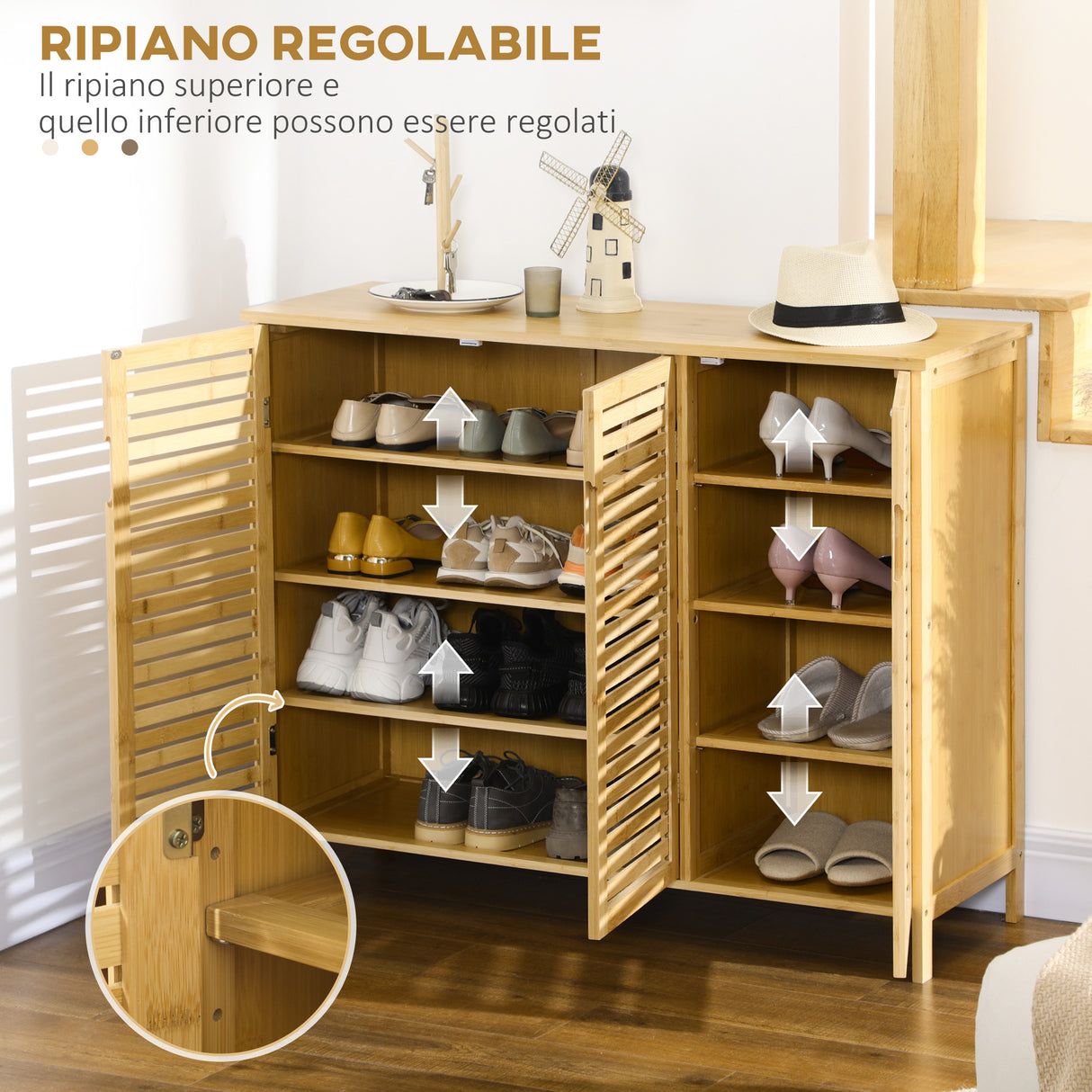 easycomfort easycomfort mobile scarpiera a 8 ripiani su 3 livelli con maniglie in bambu 100x35x80 cm color legno