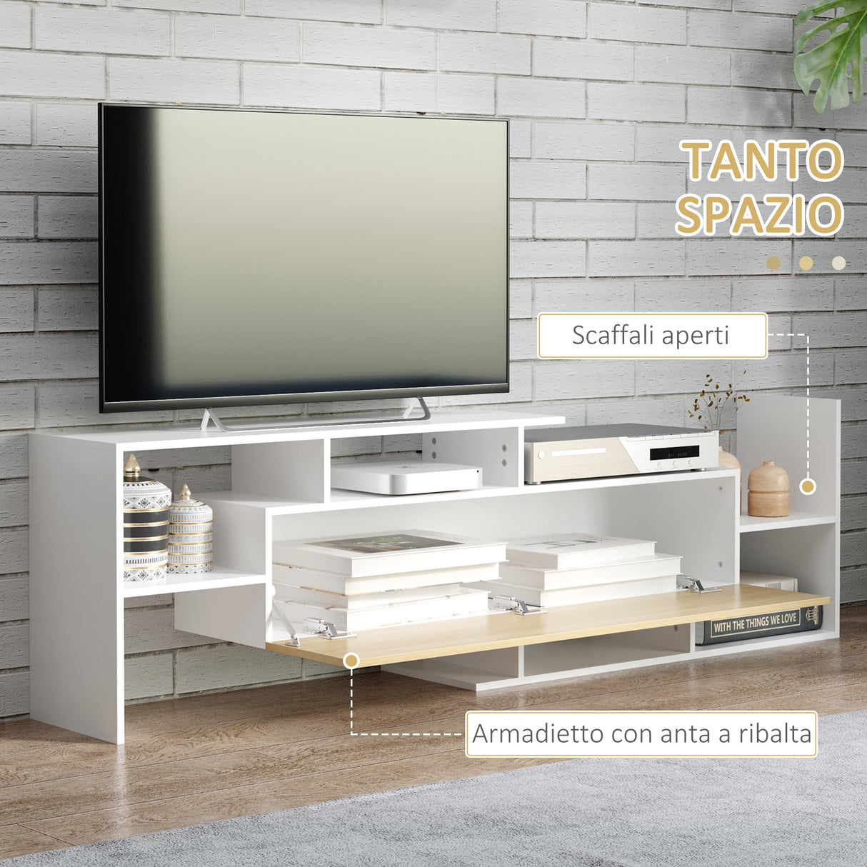 easycomfort easycomfort mobile tv con mensola a muro ripiani aperti e armadietto in legno bianco e legno naturale