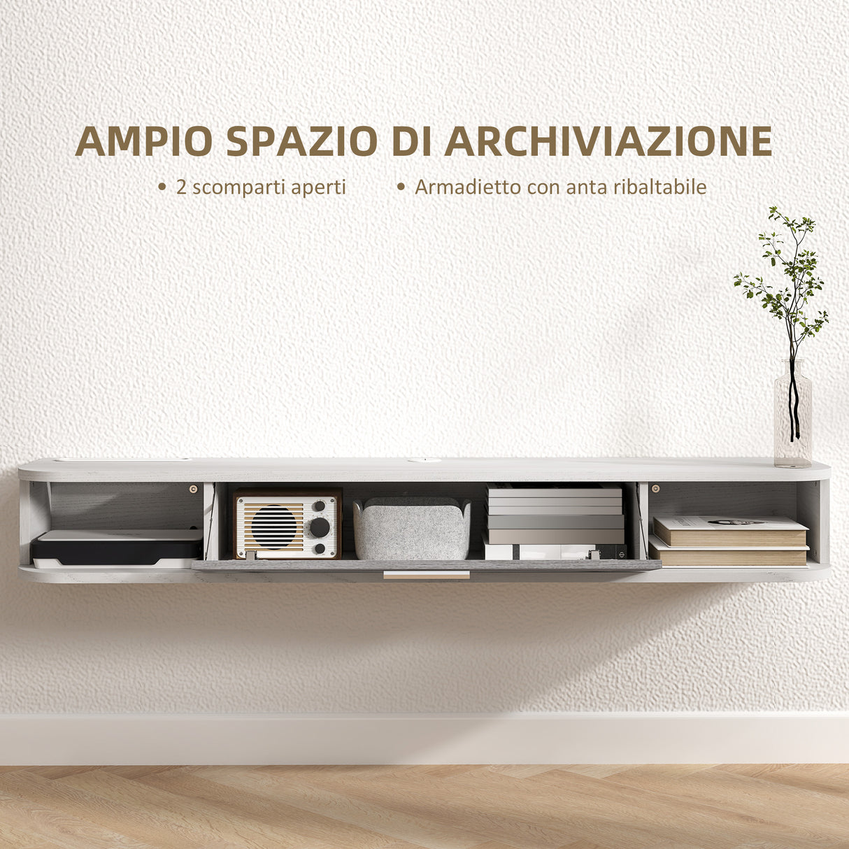 easycomfort easycomfort mobile tv sospeso in legno con 2 ripiani aperti e armadietto 120x26x16 cm bianco e grigio