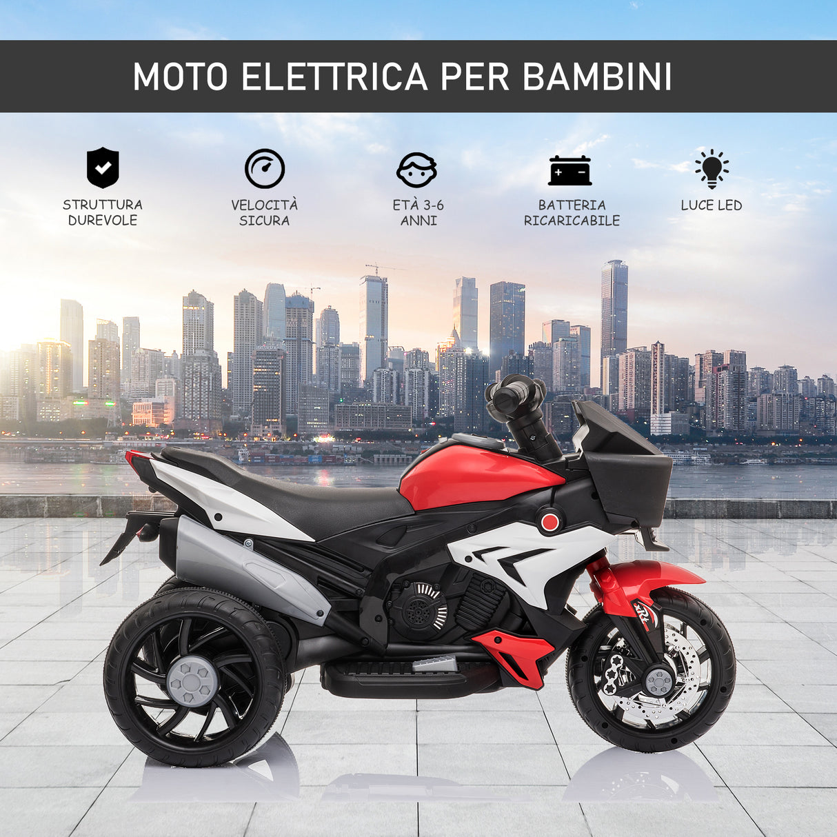 easycomfort easycomfort moto elettrica per bambini 3 5 anni max 25kg con 3 ruote luci e suoni batteria 6v rosso 86x42x52cm