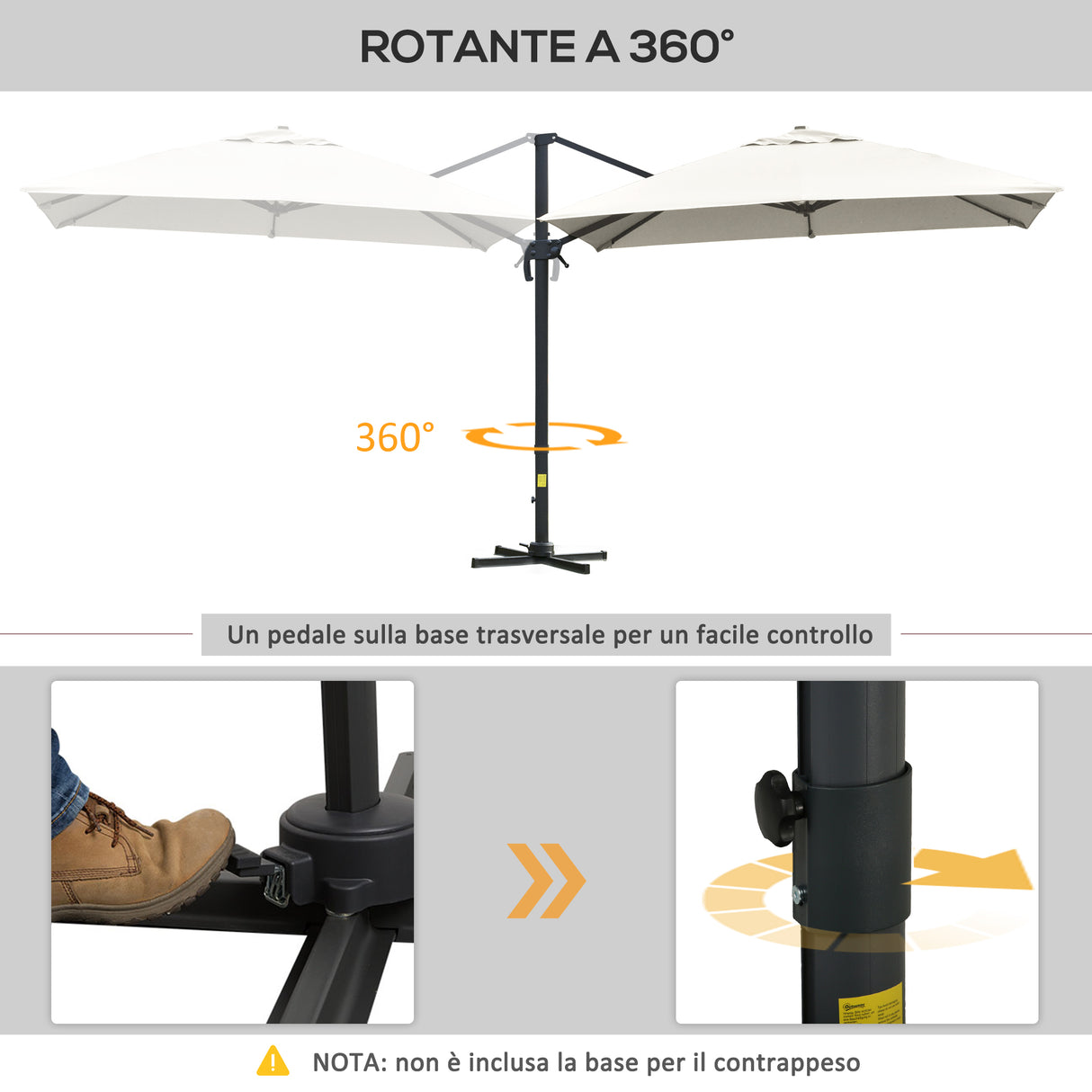 easycomfort easycomfort ombrellone a sbalzo 3x3 m inclinabile con manovella e base a croce in acciaio e poliestere bianco crema