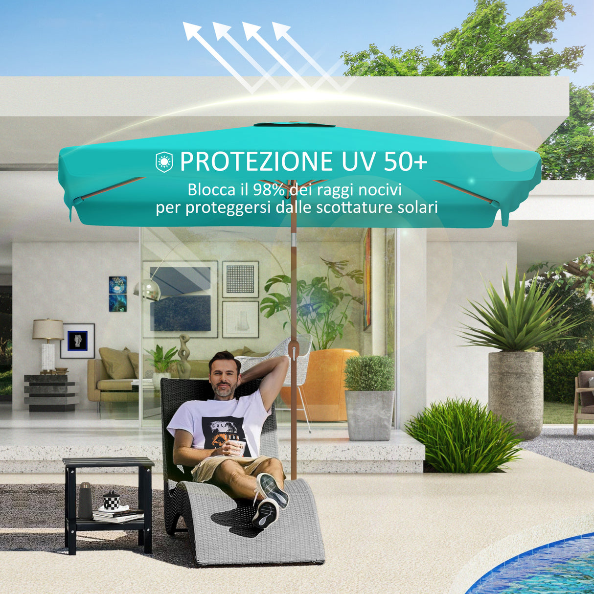 easycomfort easycomfort ombrellone da giardino 2x3 m con apertura a manovella inclinabile e anti uv 50 turchese