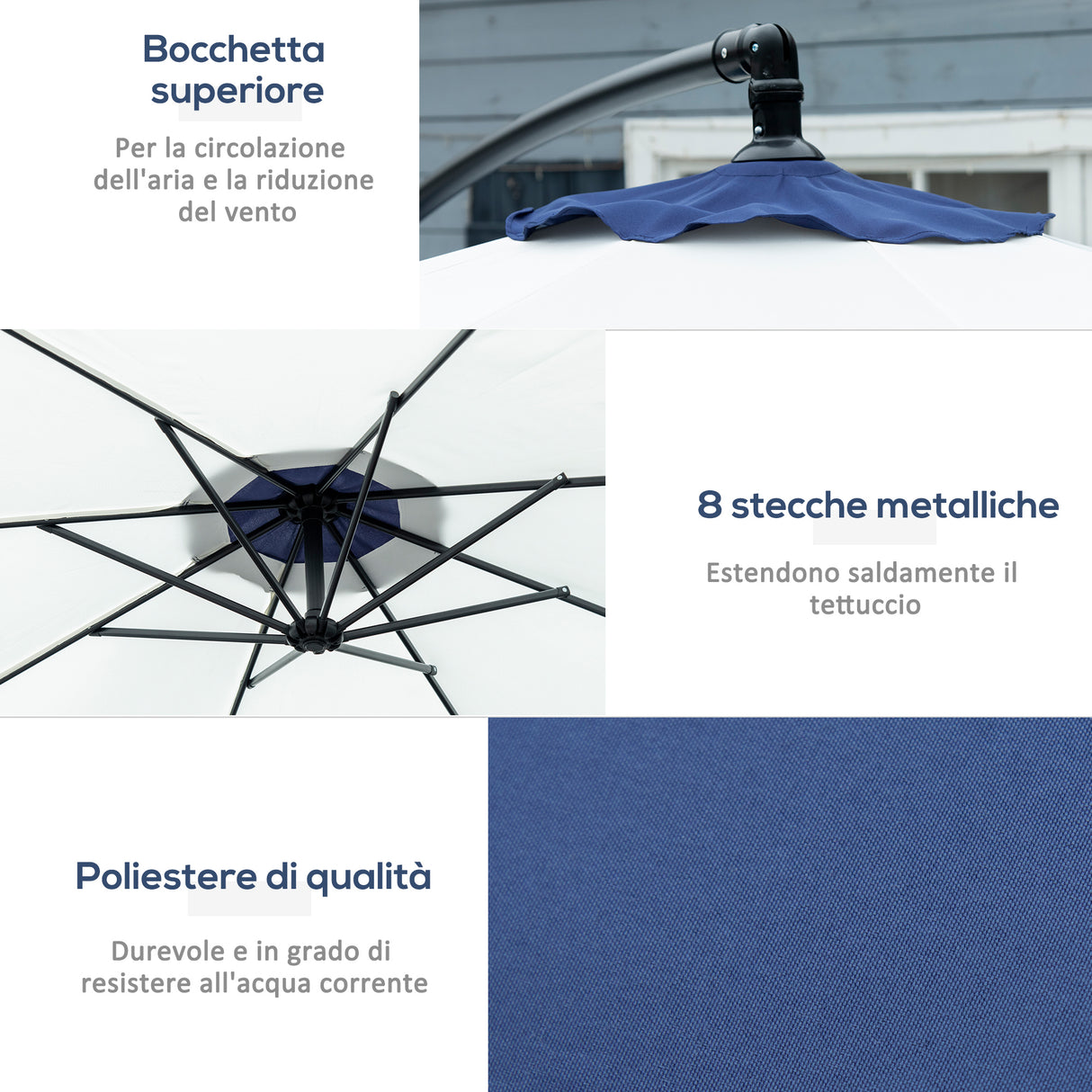 easycomfort easycomfort ombrellone da giardino a braccio 3x2 m con manovella metallo e poliestere blu scuro e crema