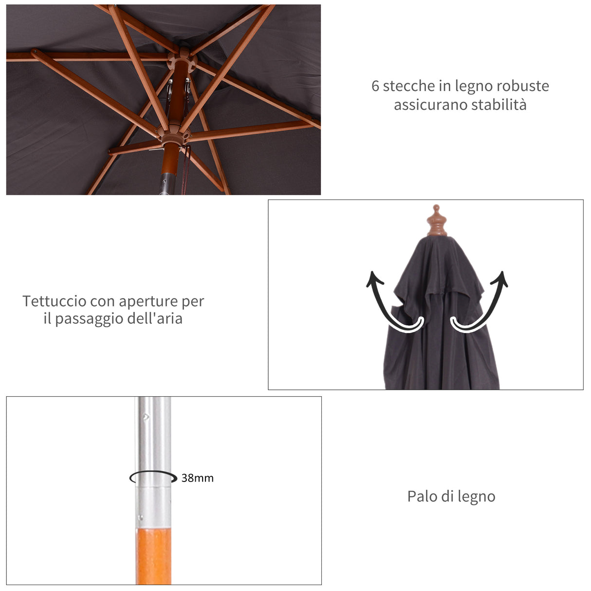 easycomfort easycomfort ombrellone da giardino inclinabile 2x1 5 m con 6 stecche e palo in legno di abete grigio scuro