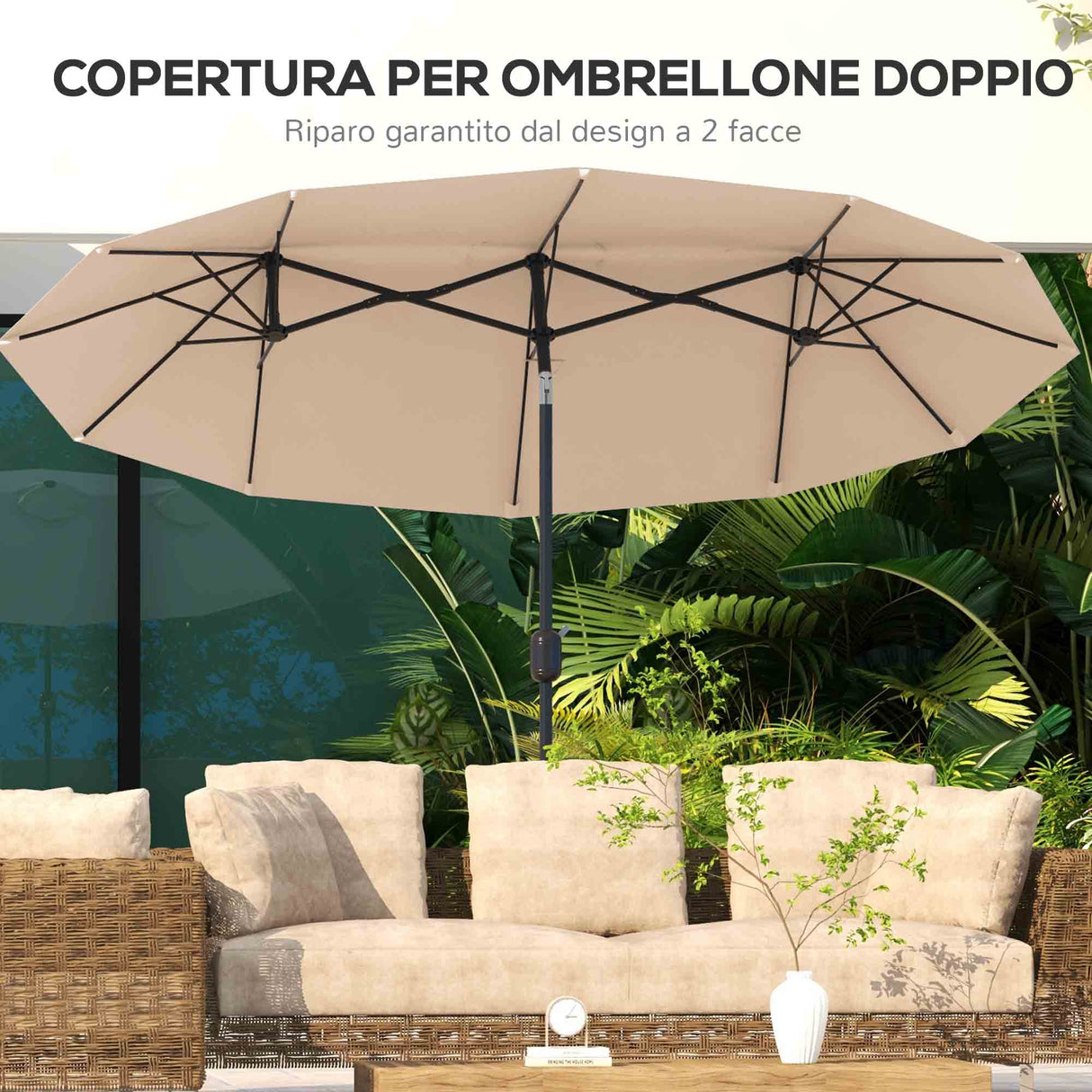 easycomfort easycomfort ombrellone doppio inclinabile a 45 con manovella e prese daria in acciaio e poliestere 285x147x227 cm caffe