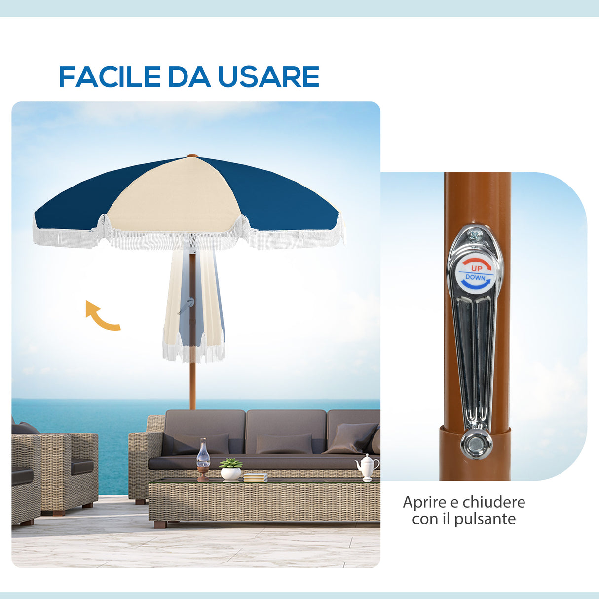 easycomfort easycomfort ombrellone rotondo e inclinabile a 8 stecche con manovella in poliestere e acciaio 213x234 cm blu e beige