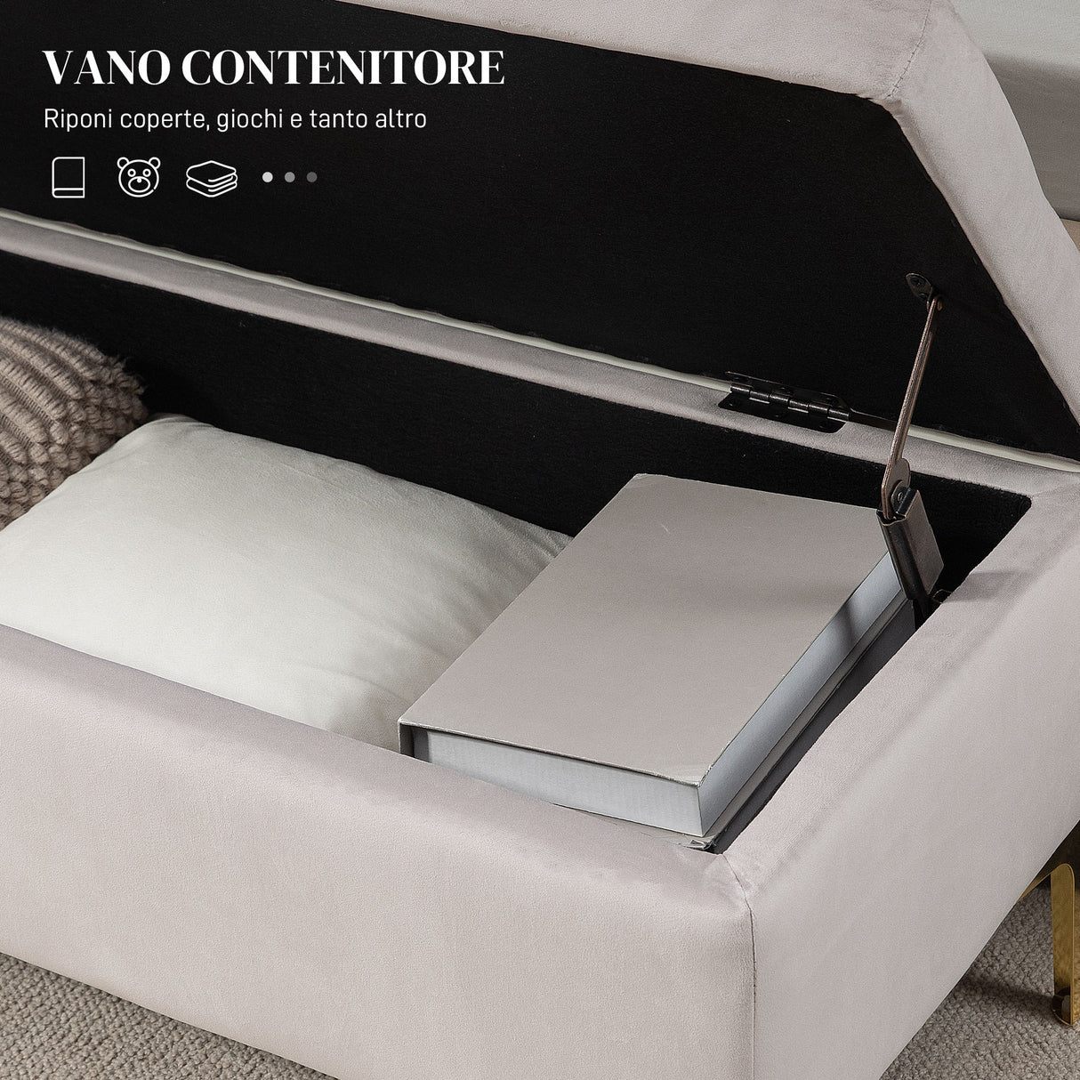 easycomfort easycomfort panca contenitore fondo letto con tessuto vellutato e gambe dorate 120x44x44 5cm grigio chiaro