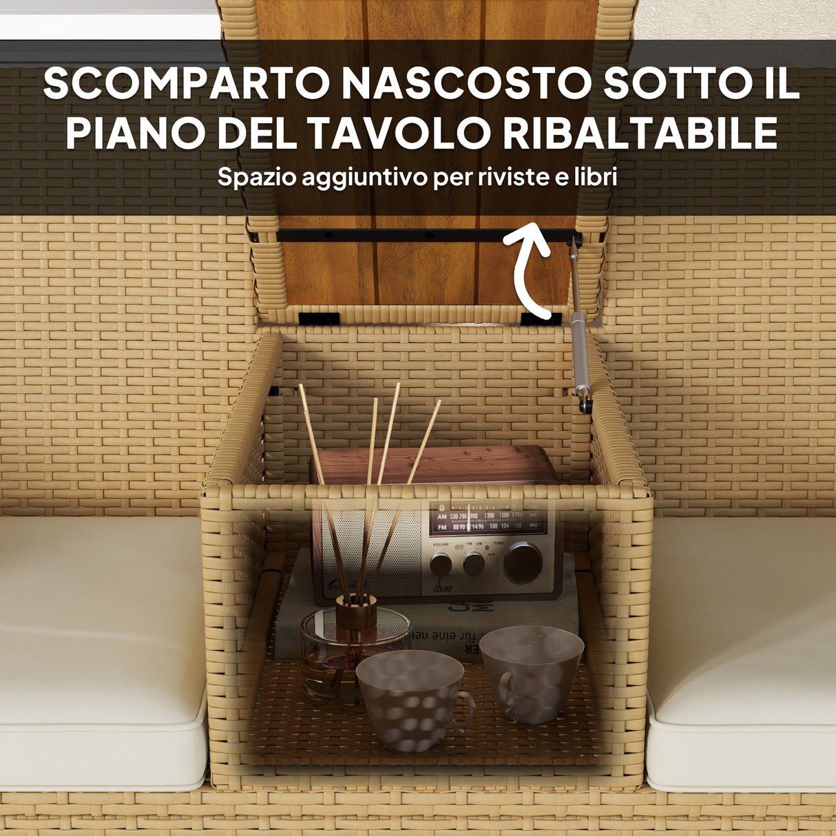 easycomfort easycomfort panca da giardino con tavolino a ribalta portaoggetti in rattan e acciaio 134x58x82 cm crema e cachi