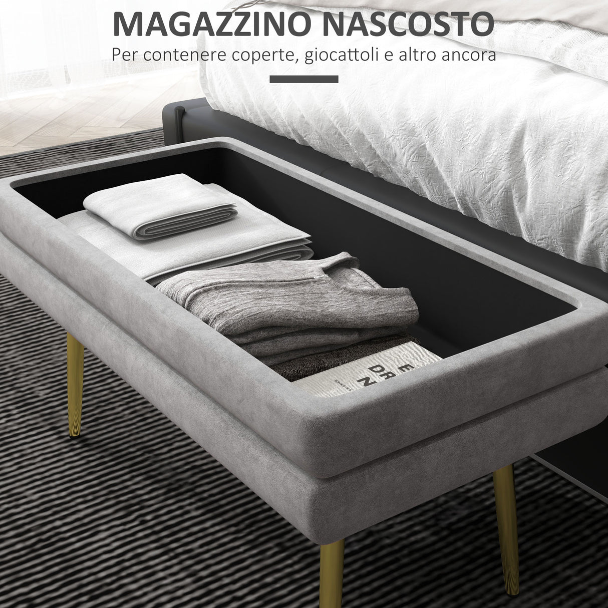 easycomfort easycomfort panca fondo letto con spazio portaoggetti in acciaio e poliestere 79 5x37 5x43 cm grigia