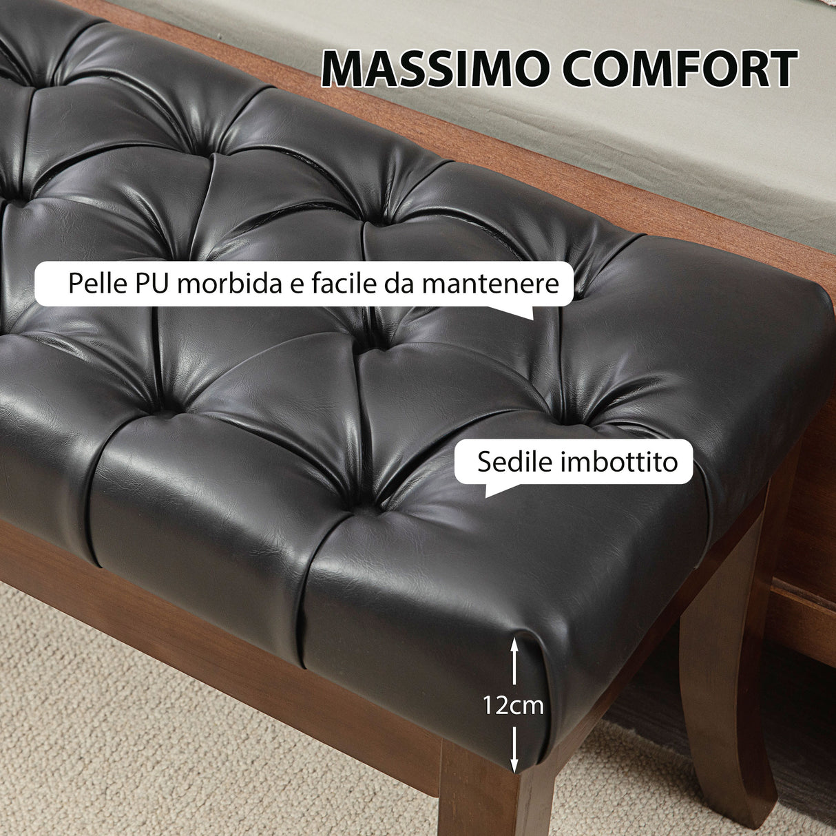 easycomfort easycomfort panca fondo letto imbottita con design a bottoni e gambe ricurve in pelle pu e legno 120x38x46 cm nero
