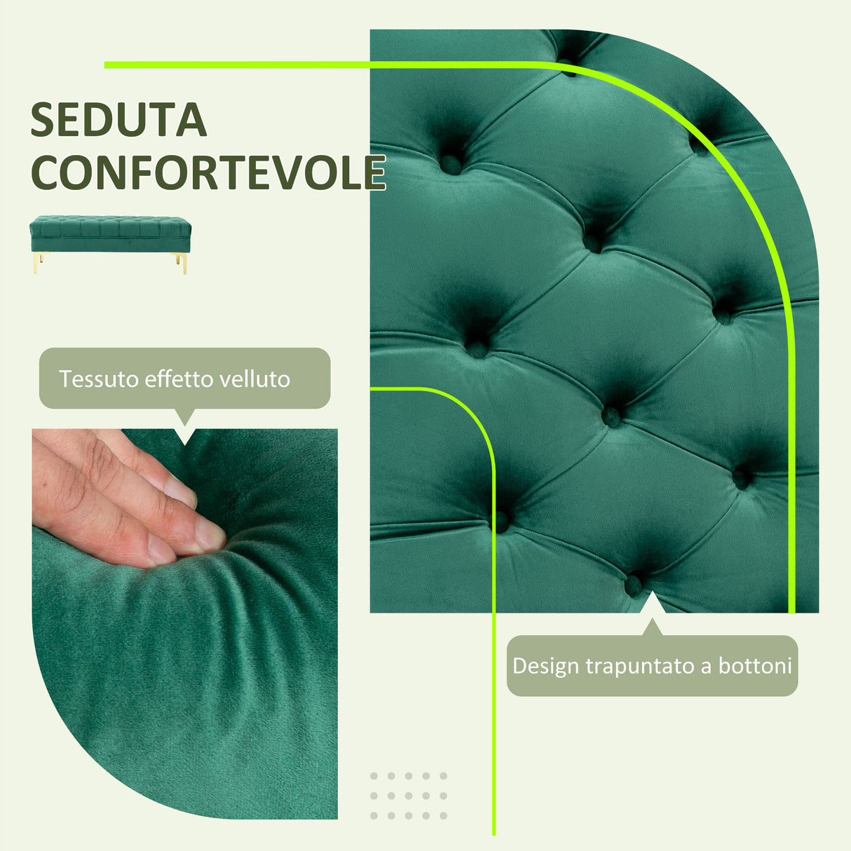 easycomfort easycomfort panca fondo letto imbottita con rivestimento trapuntato in tessuto effetto velluto 118x45x42 cm verde scuro