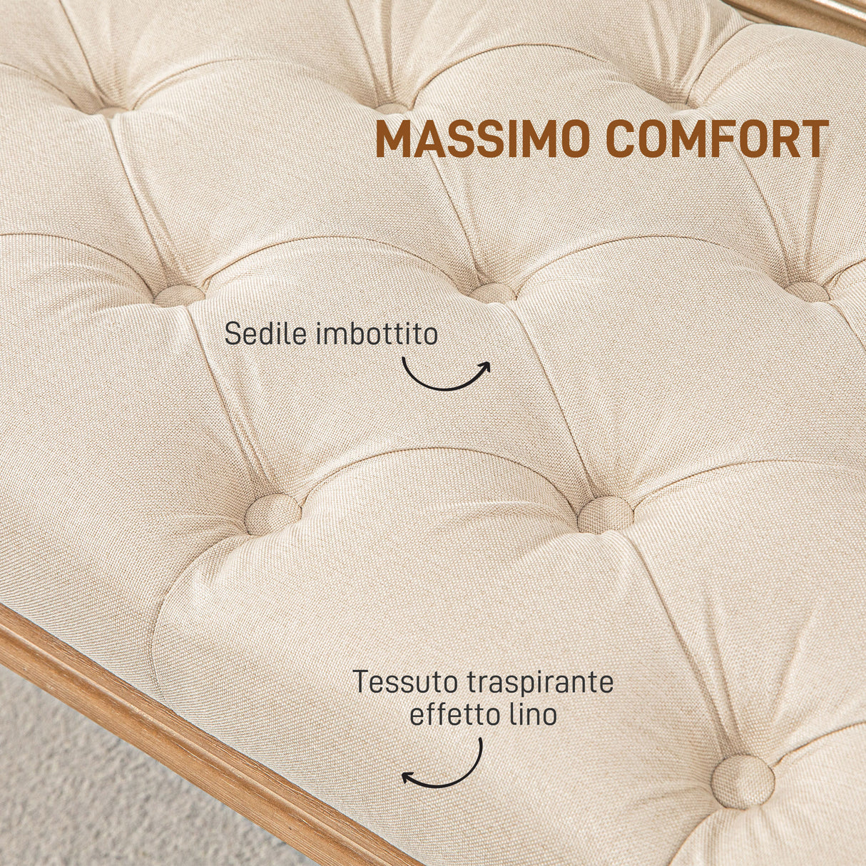 easycomfort easycomfort panca fondoletto imbottita con seduta trapuntata a bottoni in tessuto e legno 120x41x48cm crema
