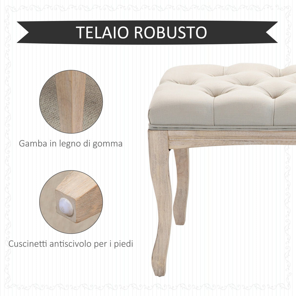 easycomfort easycomfort panca fondoletto vintage con seduta imbottita in tessuto e gambe in legno 110x40x48cm beige