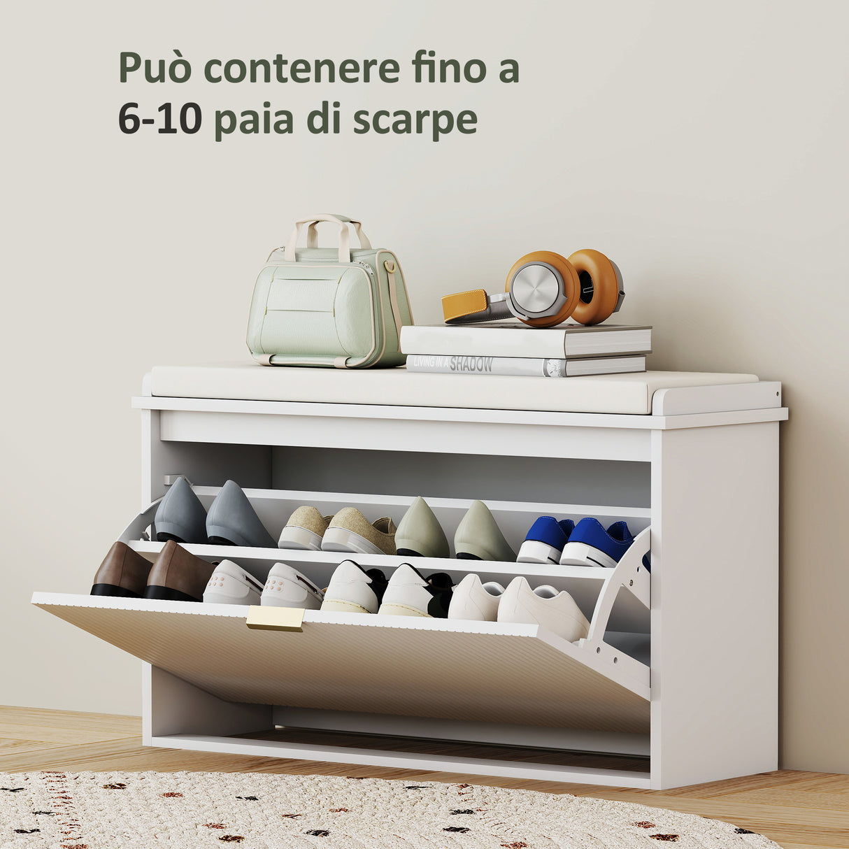 easycomfort easycomfort panca scarpiera con ripiano interno in legno e tessuto effetto lino 80x26x47 5 cm bianca e beige