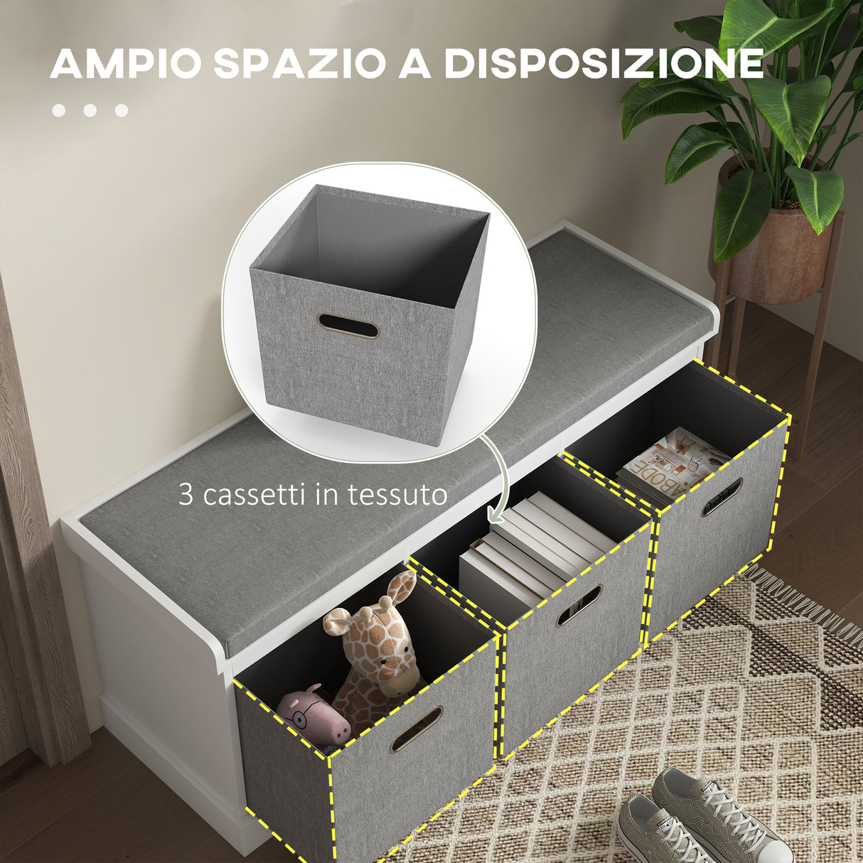 easycomfort easycomfort panca scarpiera in legno con 3 cassetti e seduta in tessuto per 3 paia di scarpe 105x35x47 cm bianco