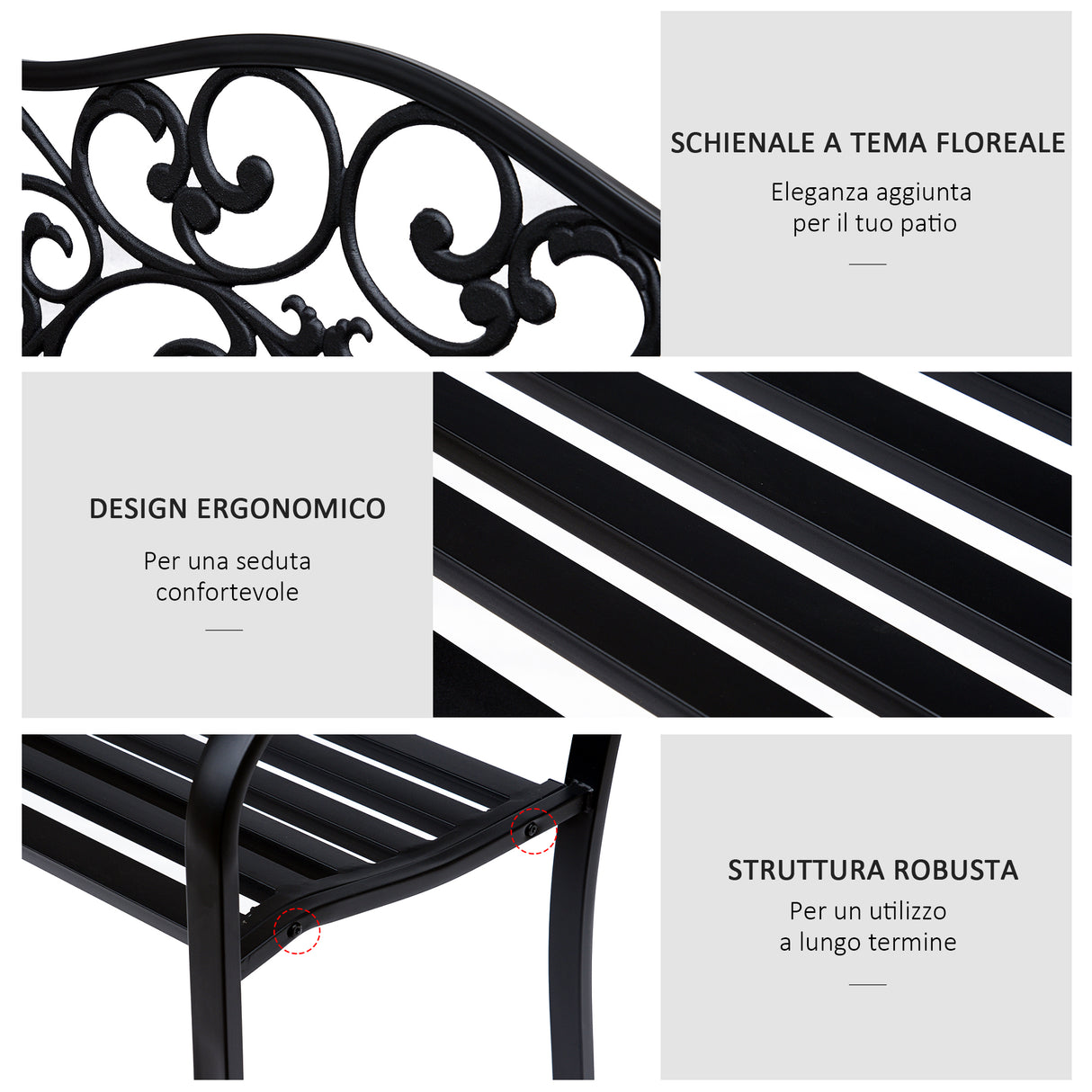 easycomfort easycomfort panchina da giardino 2 posti con schienale decorato in ghisa e metallo 127x60x89cm nero