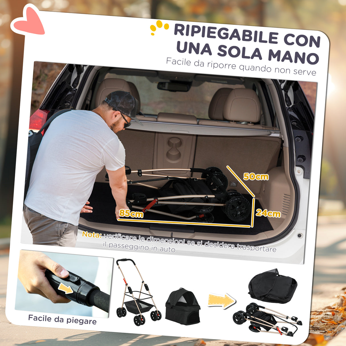 easycomfort easycomfort passeggino per cani 3 in 1 pieghevole con borsa trasportino e cestino inferiore nero