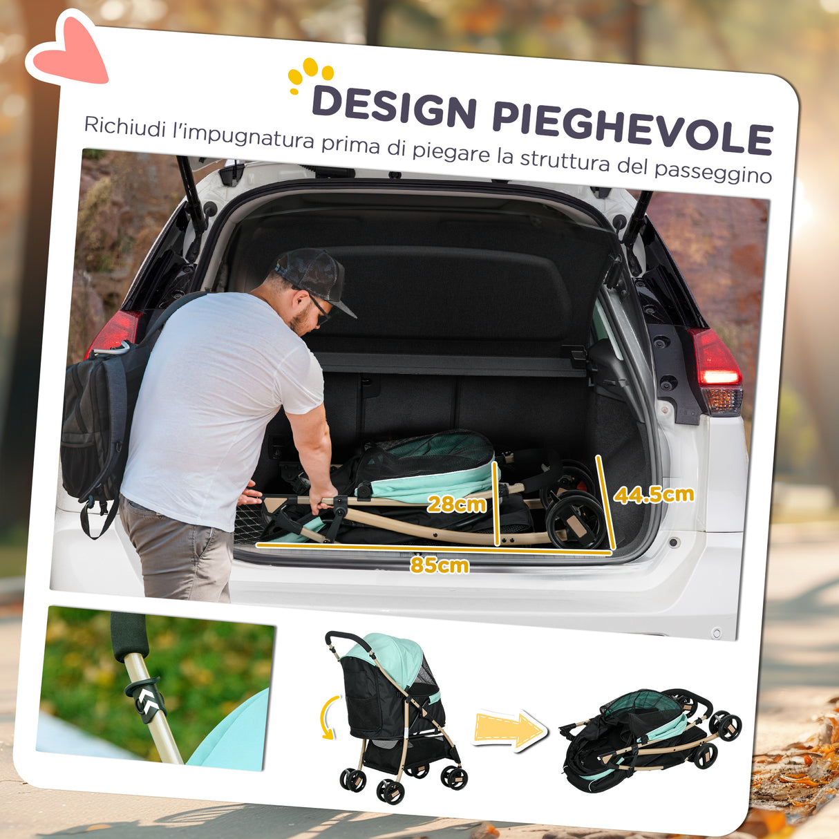 easycomfort easycomfort passeggino per cani piccoli pieghevole con copertura antipioggia cestino e guinzaglio integrato verde