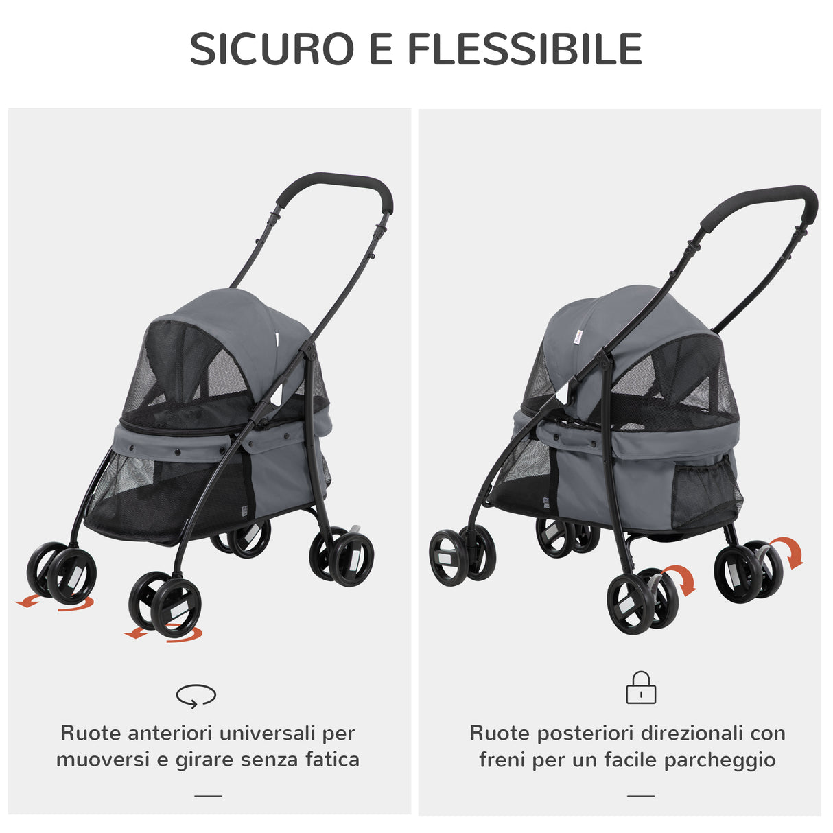 easycomfort easycomfort passeggino per cani pieghevole con tettuccio regolabile borsa e 2 guinzagli 82x47x97 cm grigio e nero