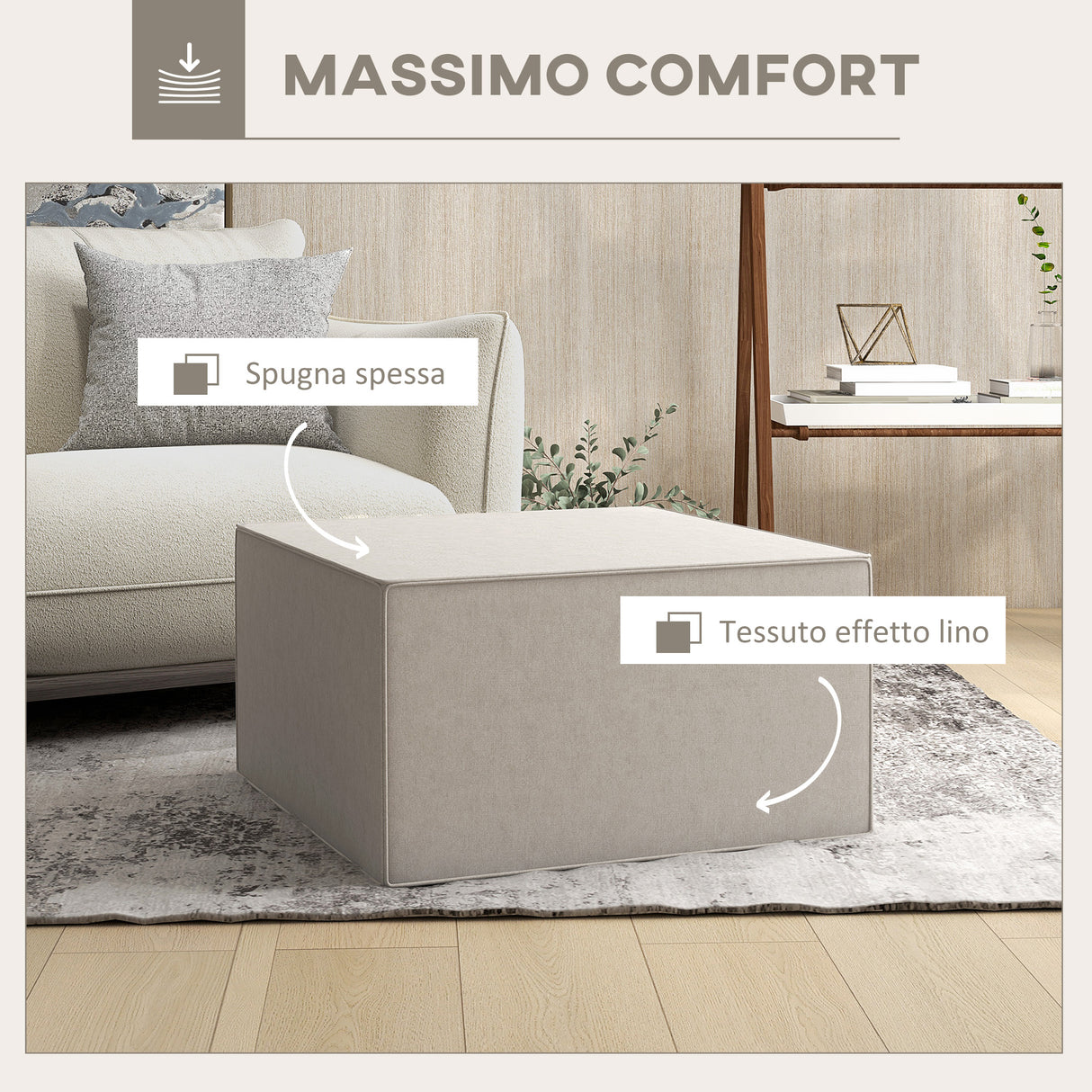 easycomfort easycomfort poggiapiedi 2 in 1 con rivestimento rimovibile in tessuto effetto lino 75x75x41 cm beige
