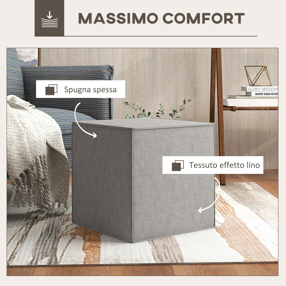 easycomfort easycomfort poggiapiedi quadrato 2 in 1 con rivestimento rimovibile in tessuto effetto lino 41x41x41 cm grigio chiaro