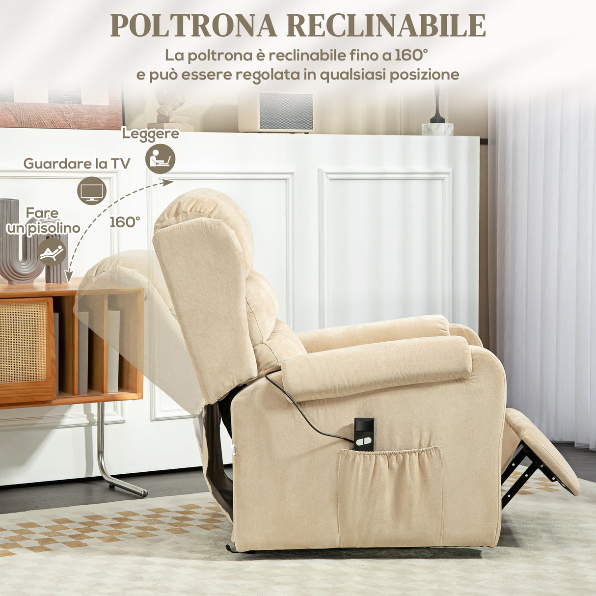 easycomfort easycomfort poltrona alzapersona reclinabile a 160 con poggiapiedi e telecomando in velluto 85x88x109 cm crema