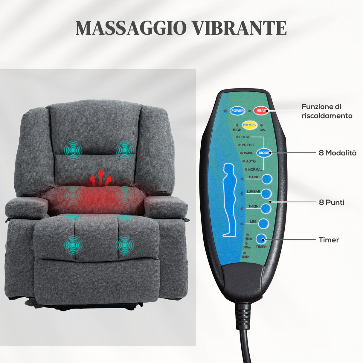 easycomfort easycomfort poltrona alzapersona reclinabile con 8 punti massaggianti in tessuto effetto lino 97x90x102 cm grigio