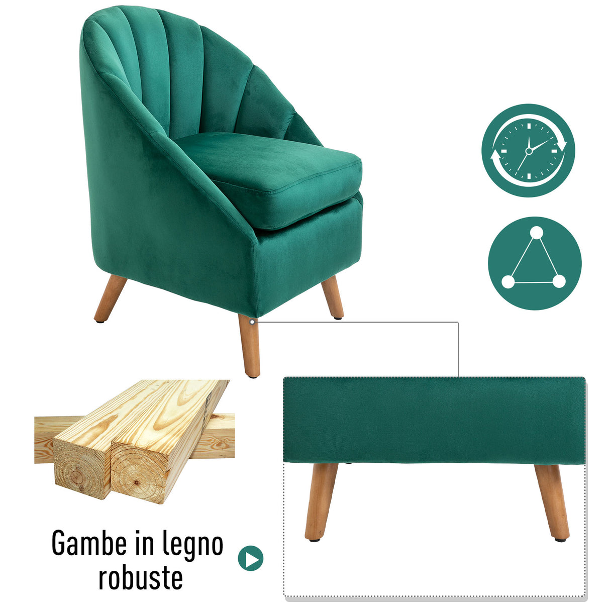 easycomfort easycomfort poltrona da camera da letto e salotto in velluto verde con imbottitura spessa e solida struttura in legno 67x65x77cm ean 8055776910642