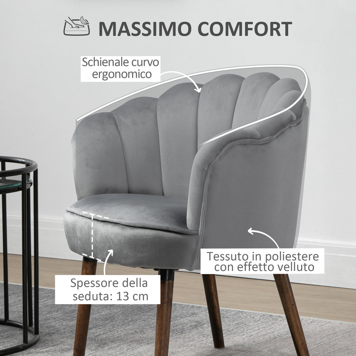 easycomfort easycomfort poltrona in velluto imbottita con schienale a conchiglia 66x66x78 5cm grigio