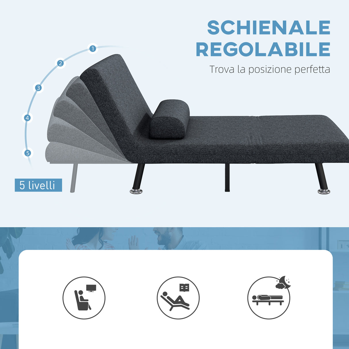 easycomfort easycomfort poltrona letto 3 in 1 con schienale regolabile e cuscino in tessuto effetto lino e acciaio grigio scuro