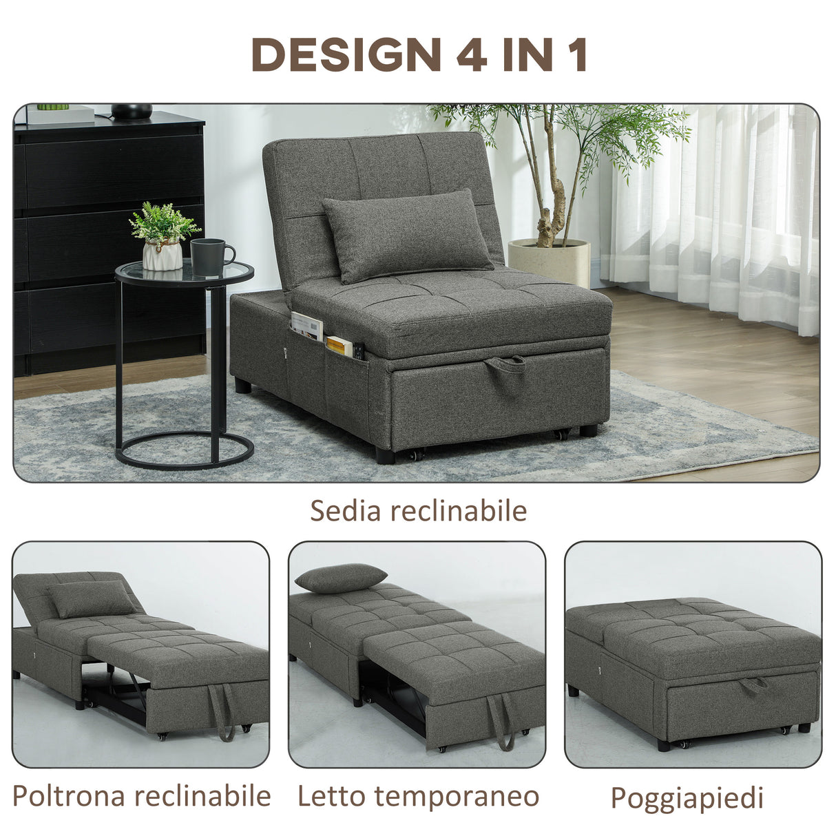 easycomfort easycomfort poltrona letto 4 in 1 convertibile in chaise longue e poggiapiedi con sistema clic clac grigio