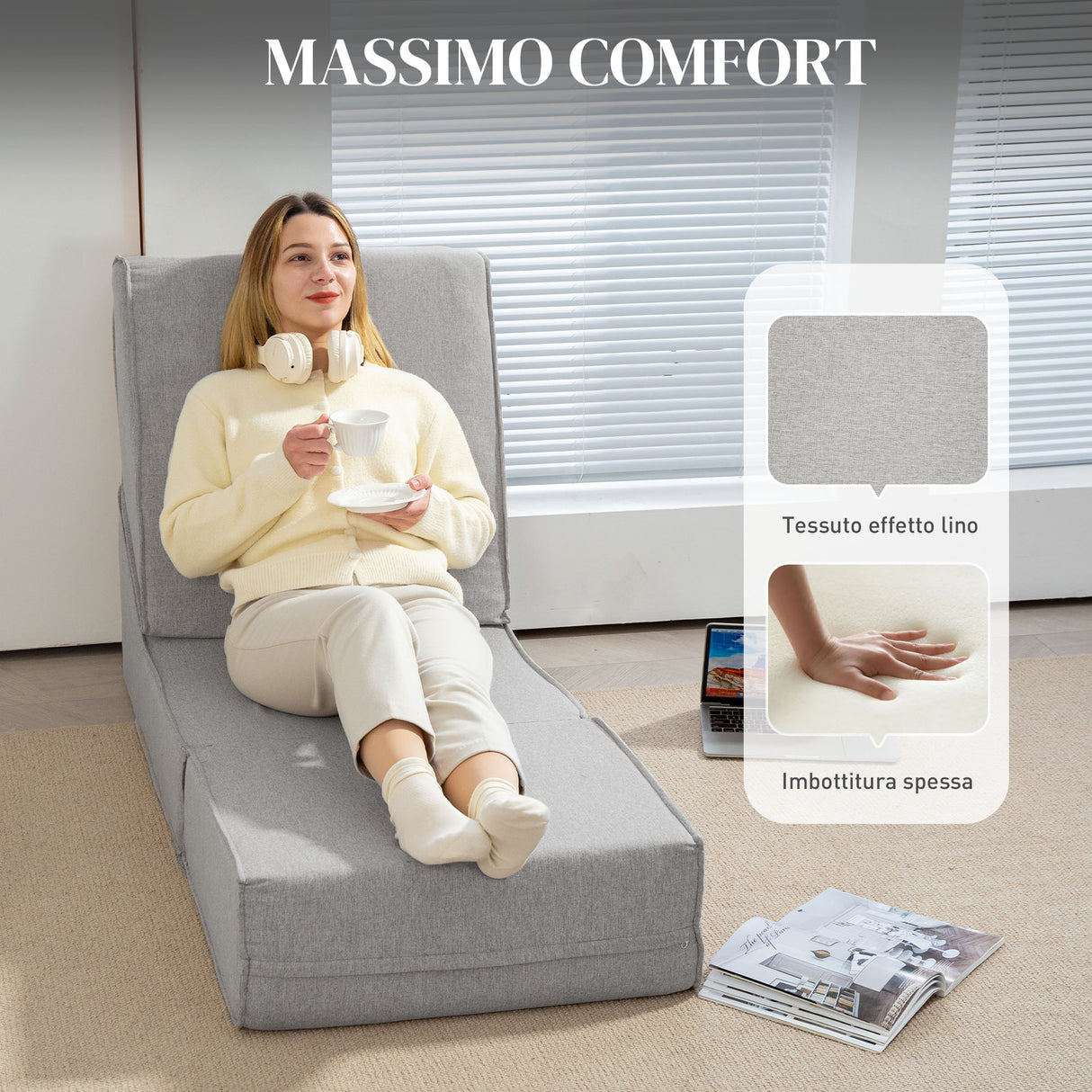 easycomfort easycomfort poltrona moderna da pavimento convertibile in chaise longue in tessuto grigio chiaro