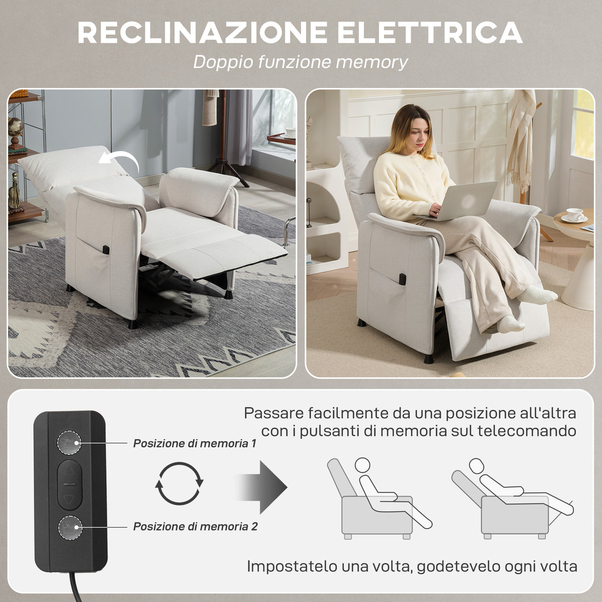 easycomfort easycomfort poltrona reclinabile elettrica con telecomando e poggiapiedi in tessuto effetto velluto 80x83x104 cm crema