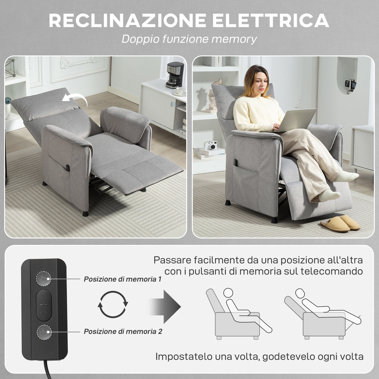 easycomfort easycomfort poltrona reclinabile elettrica con telecomando e poggiapiedi in tessuto effetto velluto 80x83x104 cm grigio