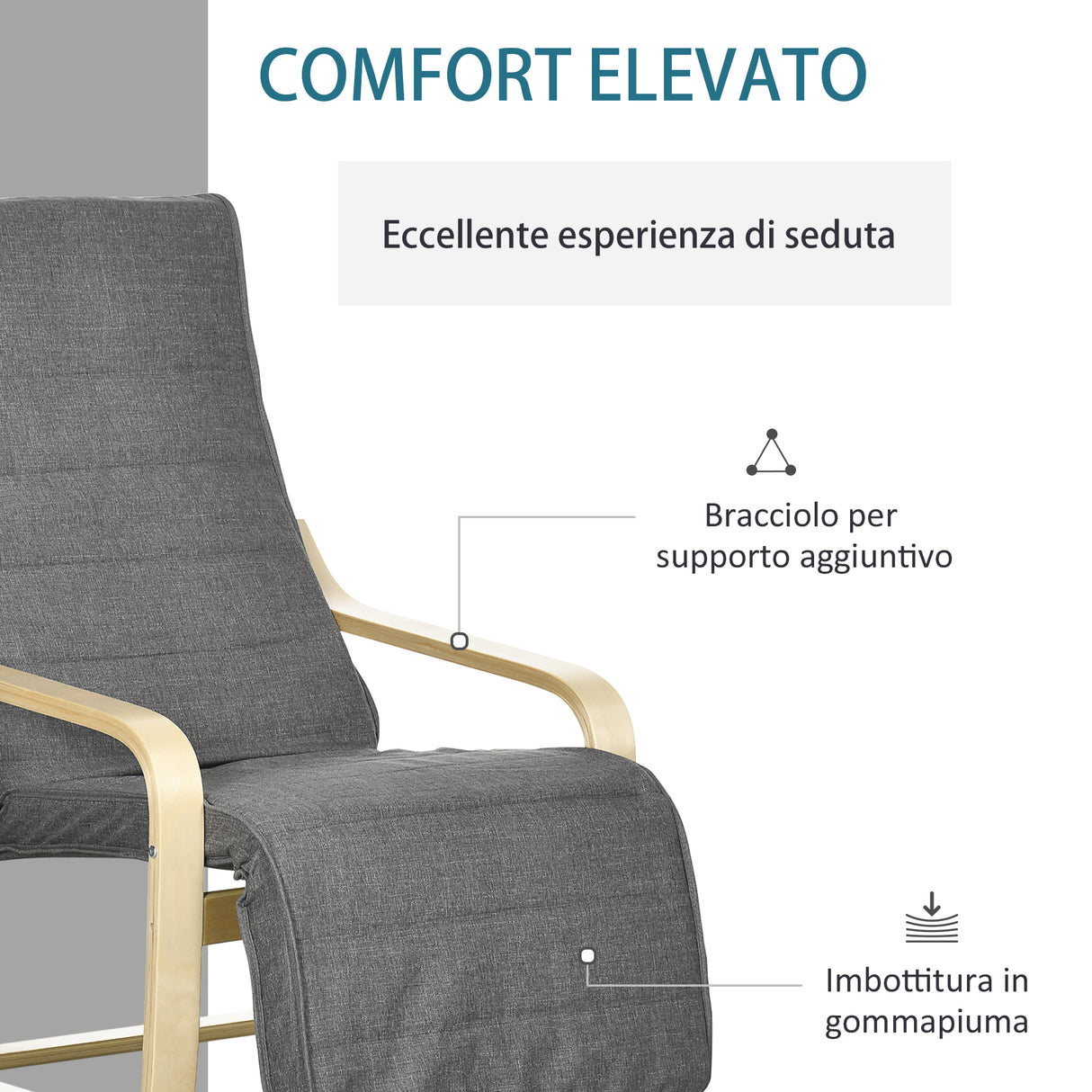 easycomfort easycomfort poltrona relax con poggiapiedi a 5 livelli e poggiatesta in legno di betulla e tessuto grigio