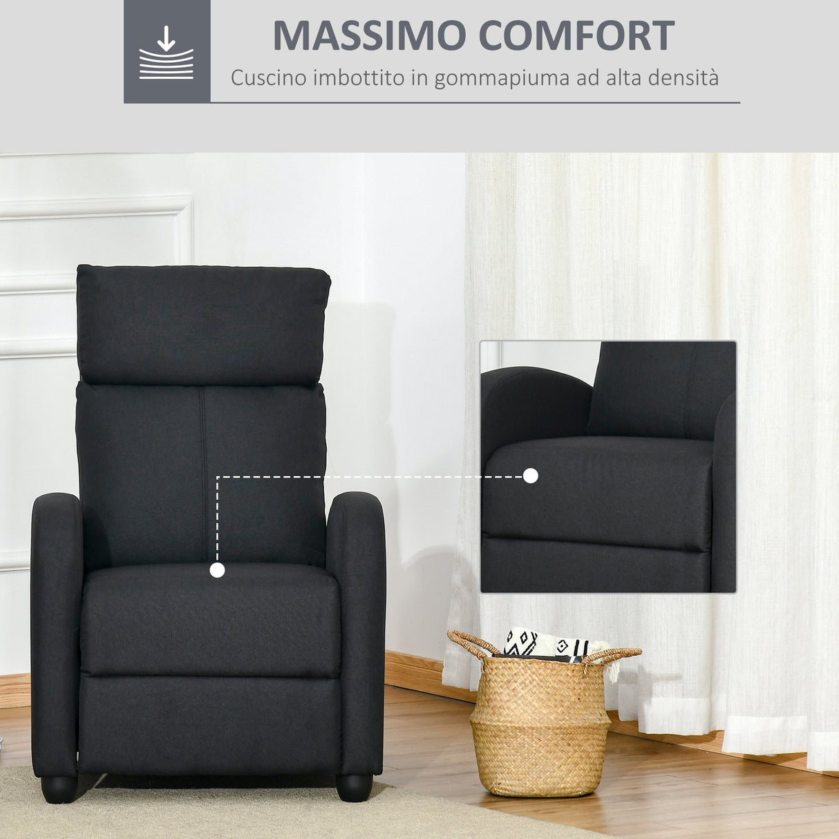 easycomfort easycomfort poltrona relax imbottita con schienale reclinabile 135 e poggiapiedi estraibile in lino nero 69x87x100 5cm ean 8054144138404
