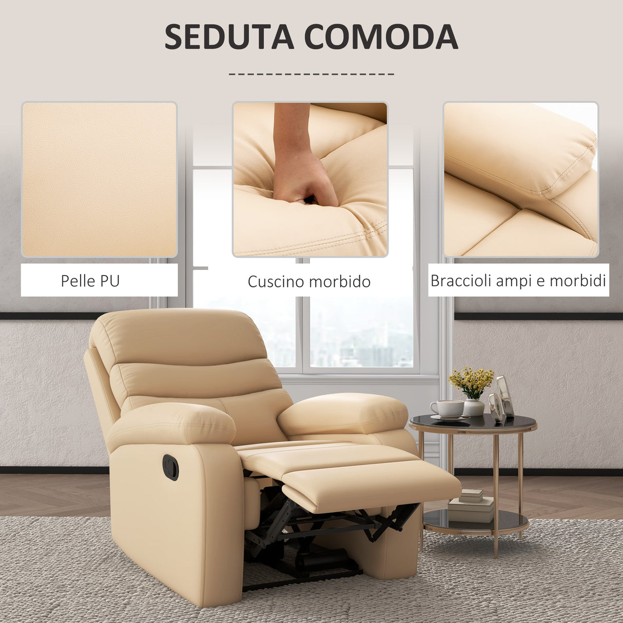 easycomfort easycomfort poltrona relax reclinabile con poggiapiedi in finta pelle e imbottitura in spugna 78x90x105cm beige