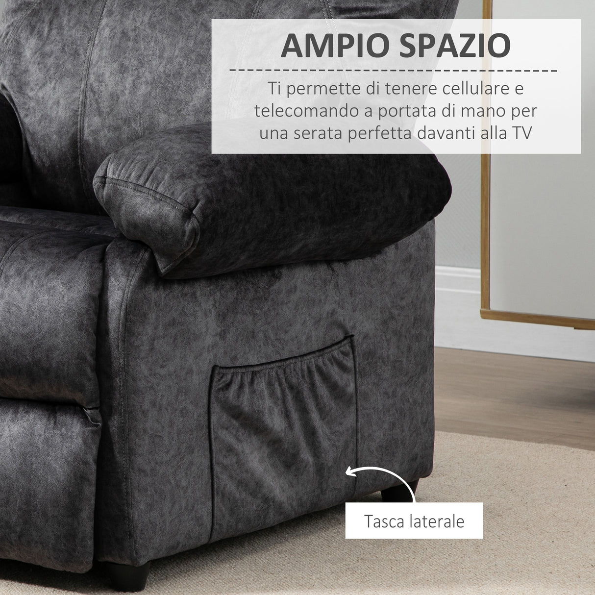 easycomfort easycomfort poltrona relax reclinabile manuale in tessuto con poggiapiedi estraibile e tasca laterale nero