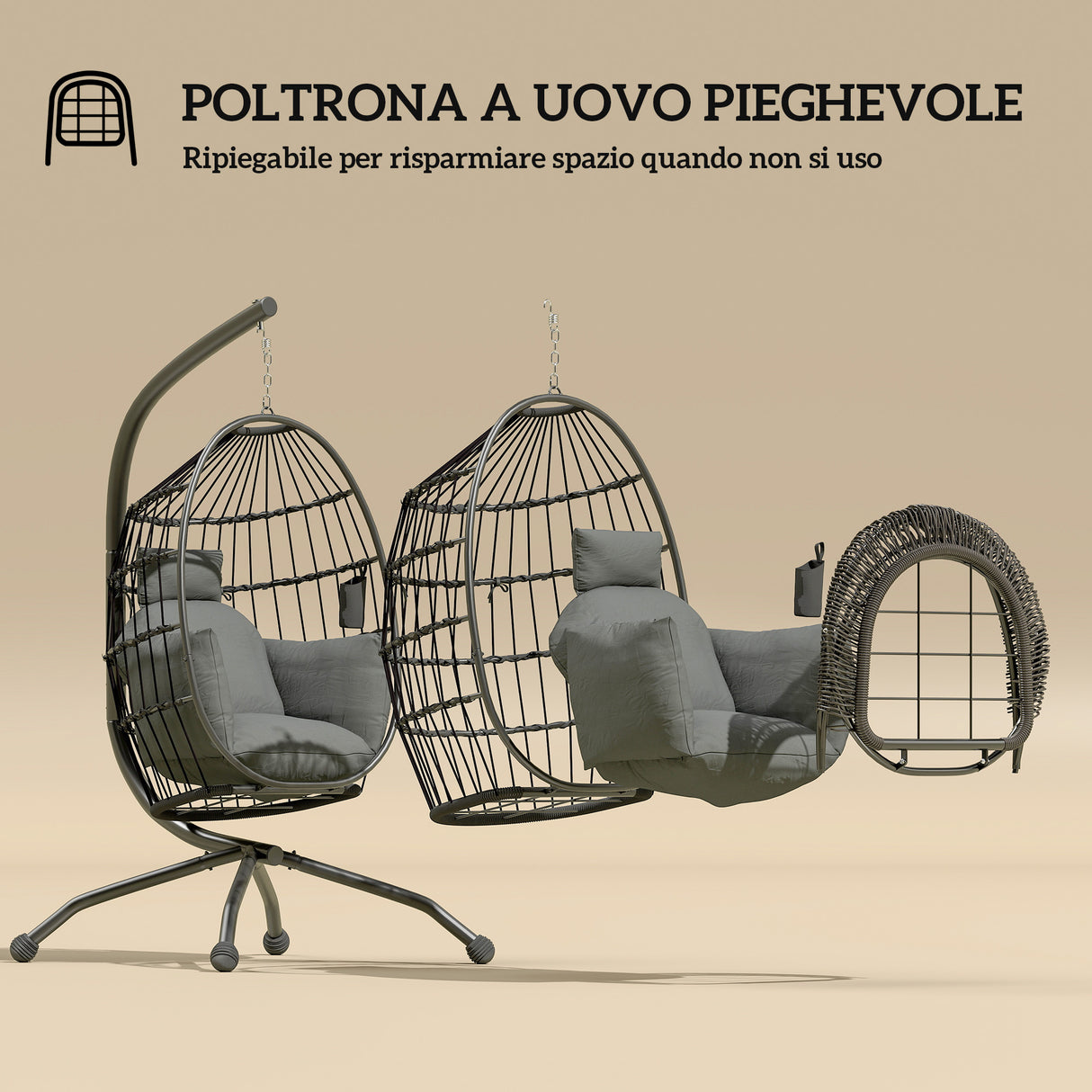 easycomfort easycomfort poltrona sospesa a uovo con gancio regolabile 2 cuscini e cesto in acciaio 120x88x192 cm nero e grigio