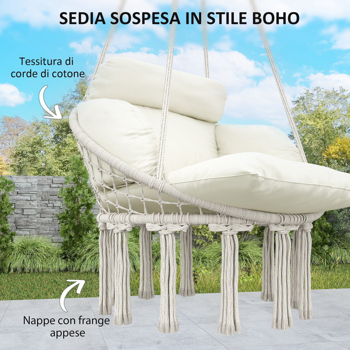 easycomfort easycomfort poltrona sospesa in stile boho con cuscino in acciaio cotone e poliestere 80x60x40 cm bianco crema