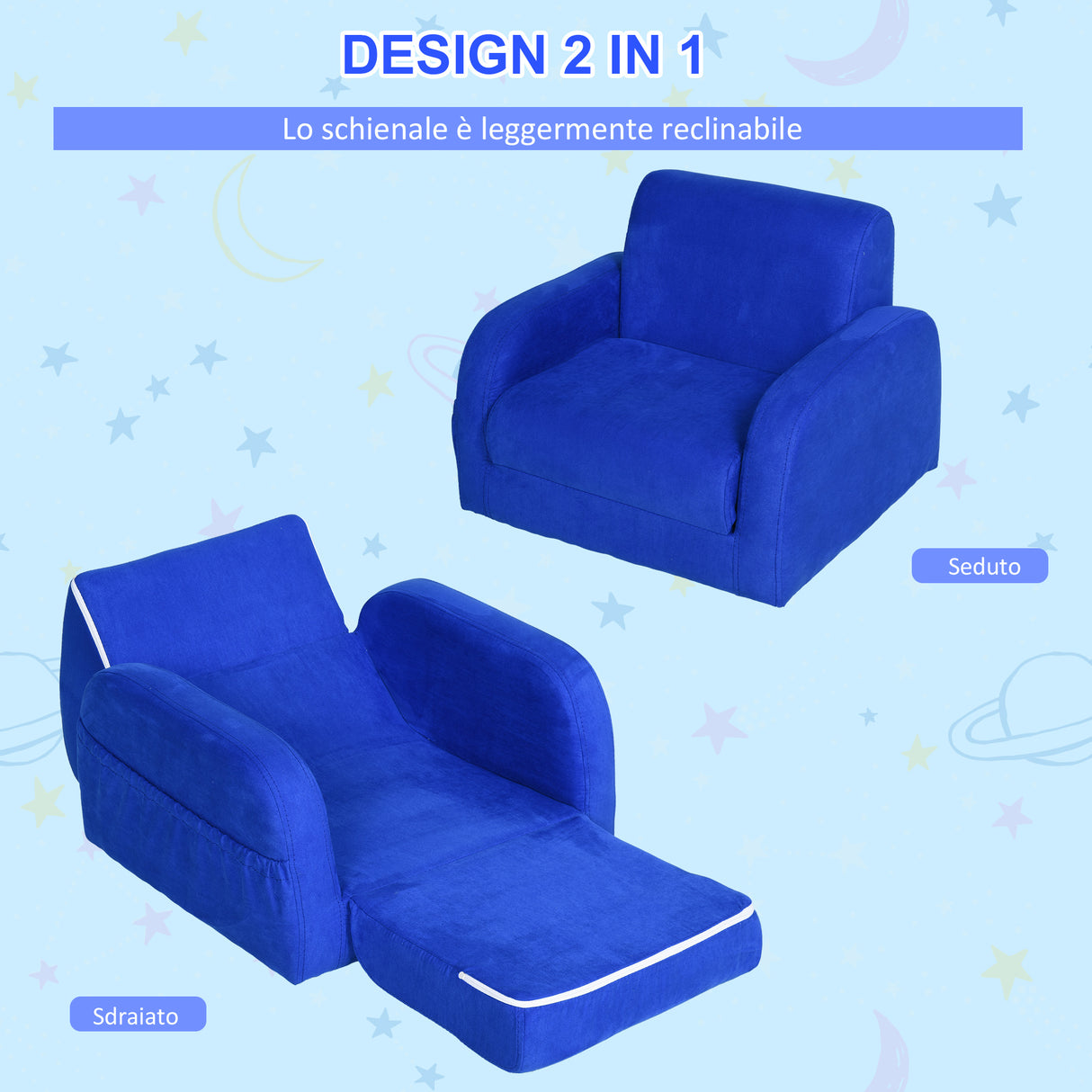 easycomfort easycomfort poltroncina letto 2 in 1 per cameretta bambini con imbottitura e rivestimento flanella blu max 65 kg 47x45x38cm