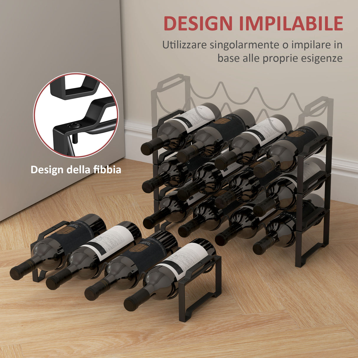 easycomfort easycomfort portabottiglie a 4 livelli a onda impilabili per 16 bottiglie in metallo 42 5x16 5x41 cm nero