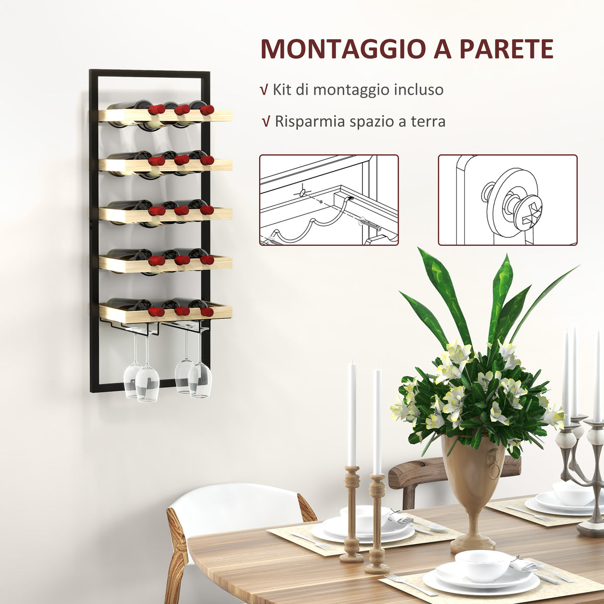 easycomfort easycomfort portabottiglie da parete in legno e acciaio per 15 bottiglie di vino e 4 calici 35x25x86cm