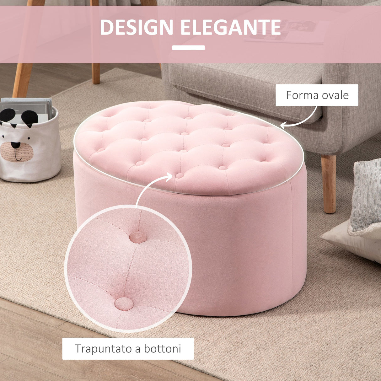 easycomfort easycomfort pouf contenitore ovale imbottito e trapuntato in velluto 71x52x42cm rosa