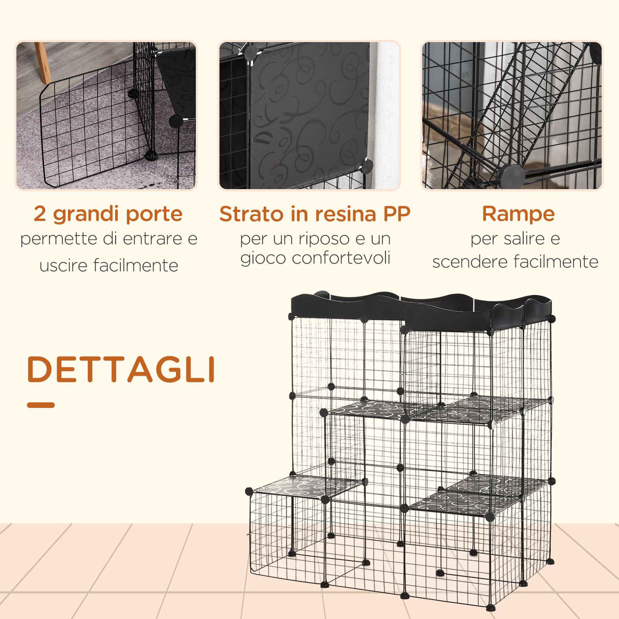 easycomfort easycomfort recinto per animali domestici modulabile e multilivello con rampa e 2 porte in acciaio e pp 105x70x116 cm nero