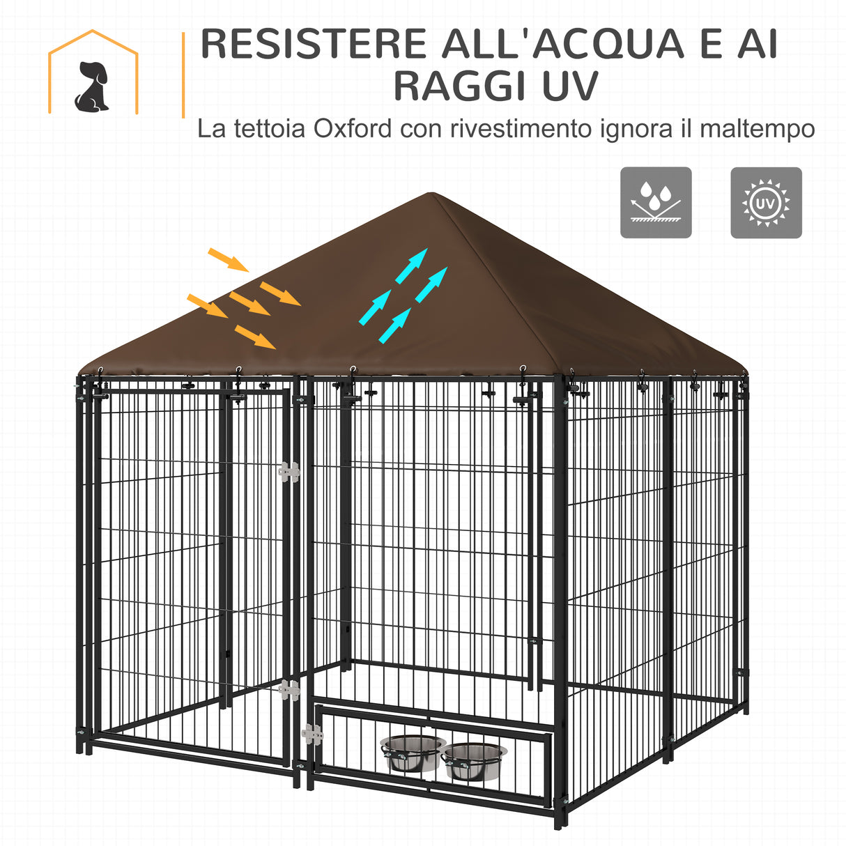 easycomfort easycomfort recinto per cani in metallo e tessuto oxford con porticina per ciotole 141x141x151 cm nero e marrone