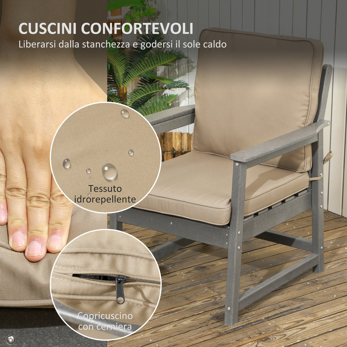 easycomfort easycomfort salotto da giardino con divanetto 2 poltrone e tavolino in hdpe con cuscini grigio scuro