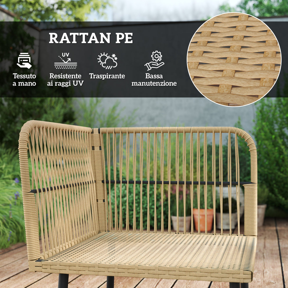 easycomfort easycomfort salotto da giardino in rattan 2 divanetti e poltrona angolare con cuscini tavolino in vetro colore legno