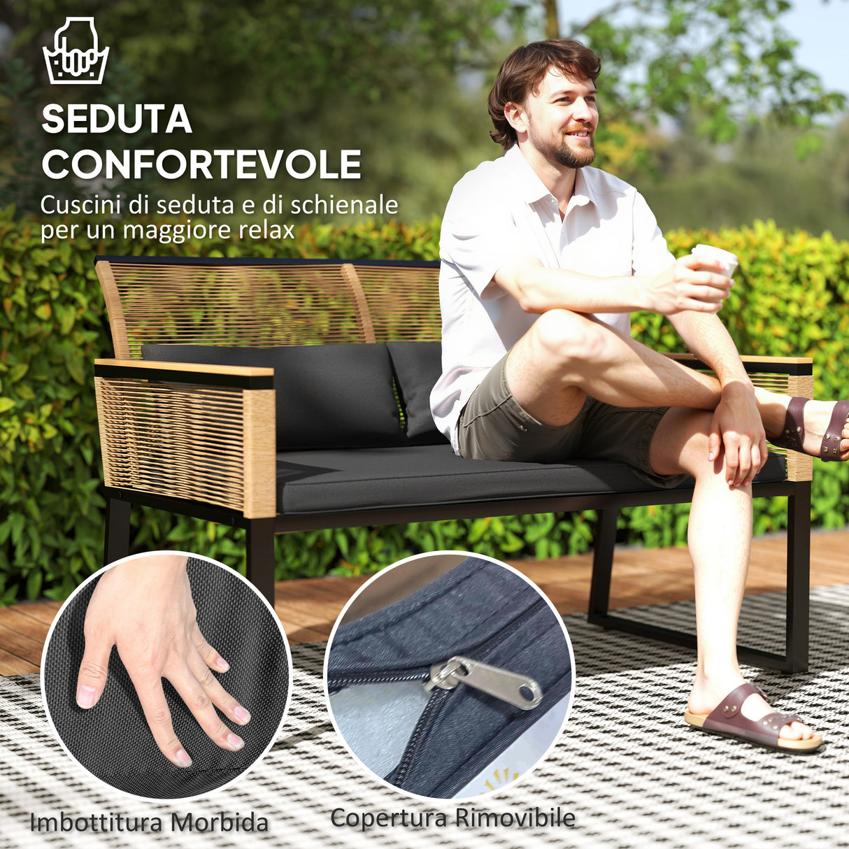 easycomfort easycomfort salotto da giardino in rattan pe con divano 2 posti 2 poltrone tavolino in vetro e cuscini nero